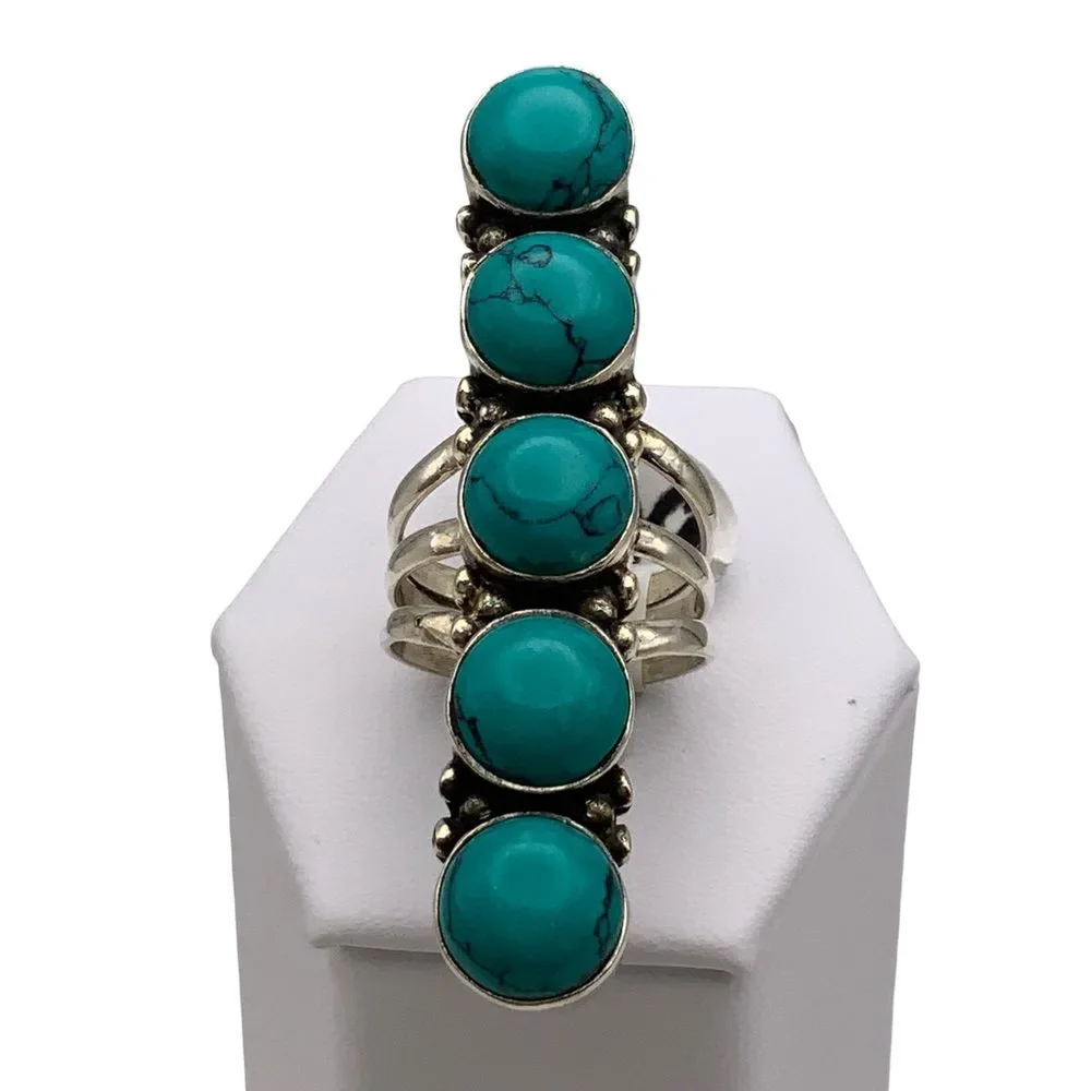 Long Turquoise Solid 925 Sterling Silver Ring - Picture 3 of 5